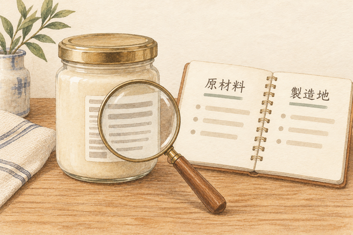 塩麹の原材料と製造地の表示を確かめるイラスト