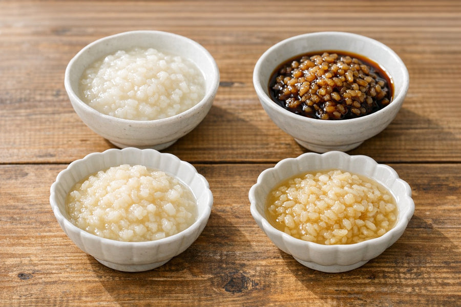 【初心者向け】塩こうじ・醤油こうじ・甘こうじ・酢麹の違いと使い分け早見表｜何をどう使う?