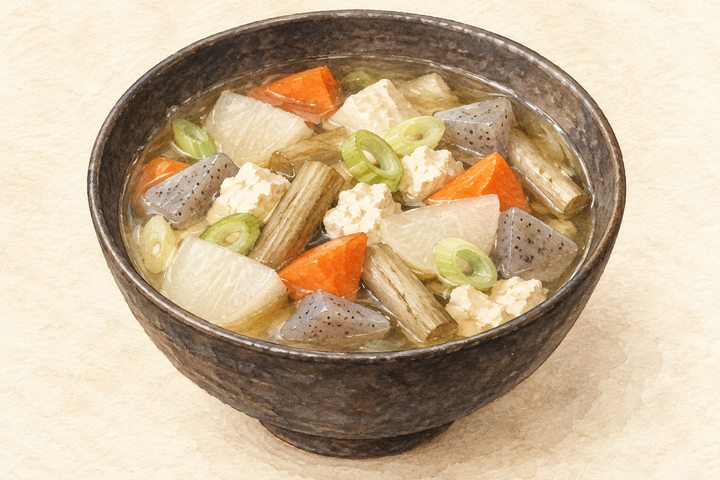 根菜とくずした豆腐、こんにゃくのけんちん汁のイラスト（実際の調理写真ではありません）
