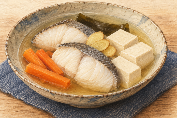 白身魚と豆腐・にんじんのマース煮のイメージのイラスト（実際の調理写真ではありません）