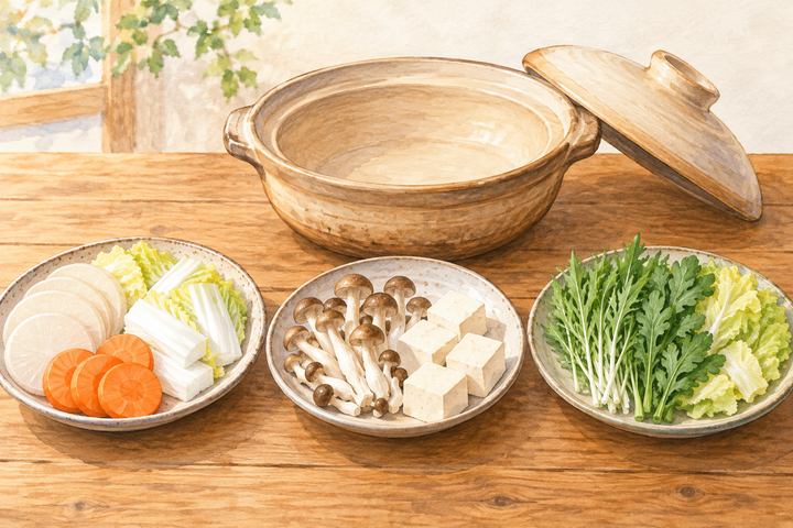 鍋に入れる前の野菜や豆腐を小皿へ分けて準備するイラスト
